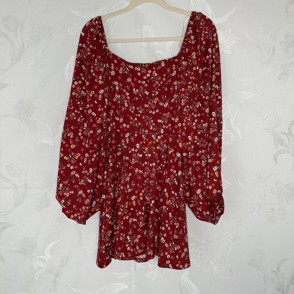 Stilletto's Size-L Dress Burgundy Mini Floral Ballon Sleeves Pockets - Picture 2 of 9